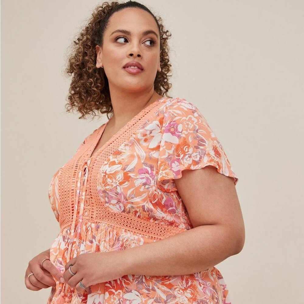 Coral Crinkle Gauze Laceup Babydoll Blouse Size 6X (30)